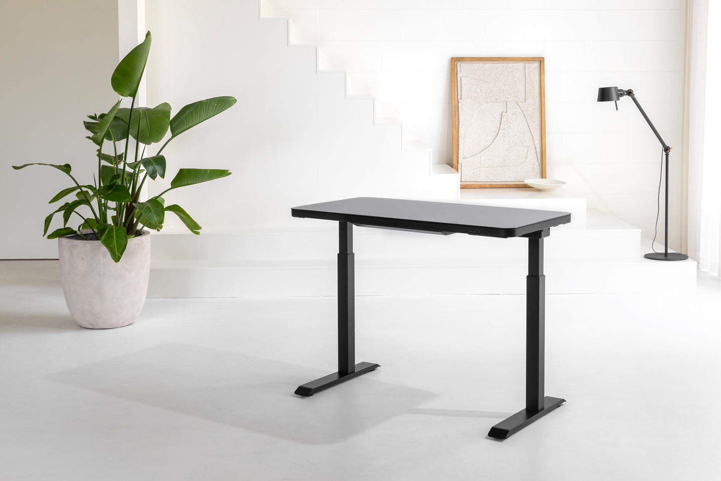 Home – Compact Smart Sit-Stand Desk with Glass Top & Integrated Drawer